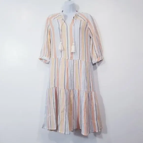 Soft Surroundings Women size PXS Rainbow Striped Tasseled Layered Midi Dress - Picture 2 of 12